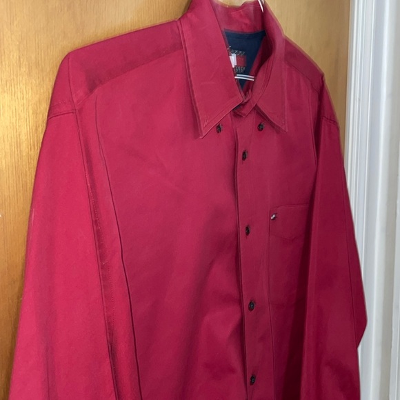 •TOMMY HILFIGER•MENS VINTAGE RED BUTTON UP POLO COLLARED SHIRT SIZE LARGE - Picture 6 of 7